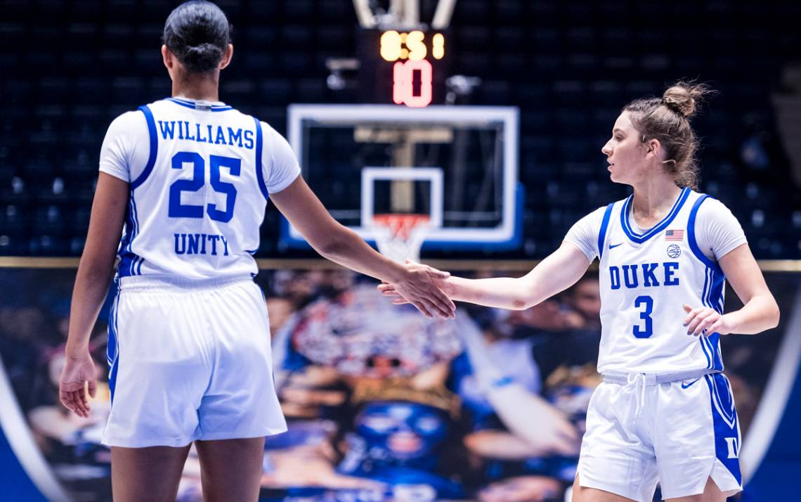Duke basketball players high five.