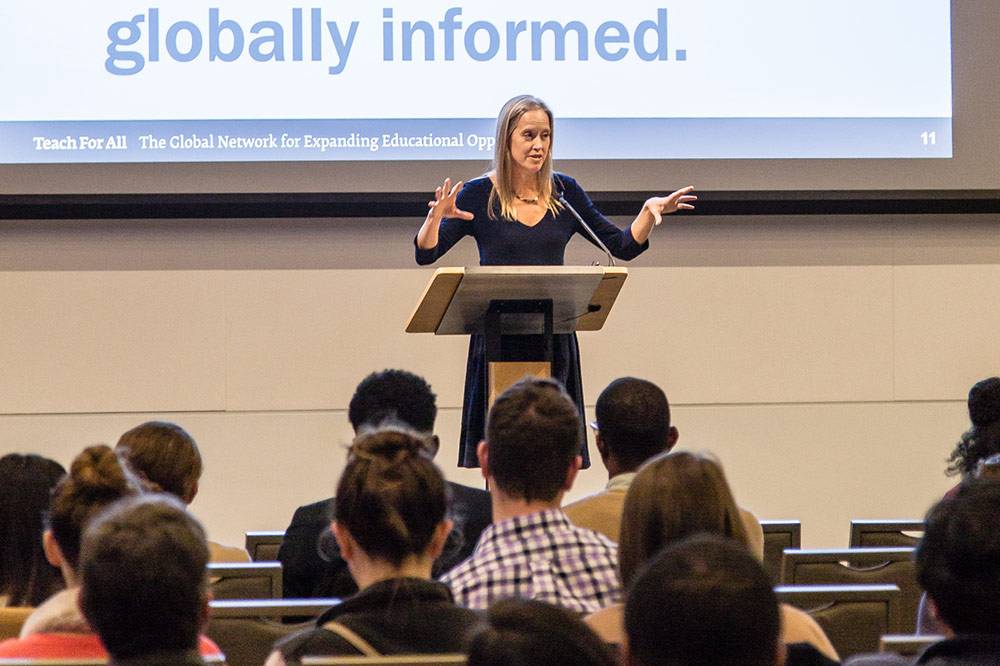 Teach for America founder Wendy Kopp advises students on using entrepreneurship to address social problems. Photo by Pilar Timpane