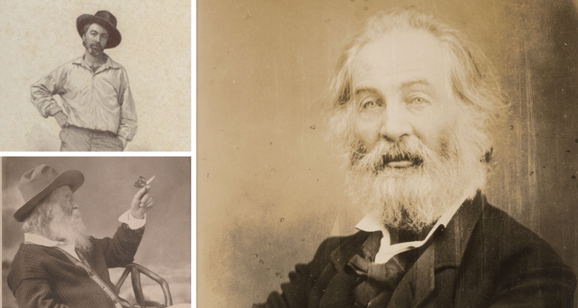 The many faces of Walt Whitman: Clockwise from Top: The 1855 Leaves of Grass portrait; Mathew Brady portrait of Whitman, ca. 1865; Whitman with a butterfly, ca 1877