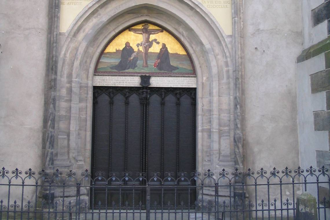 The church door in Wittenberg, Germany, where Martin Luther nailed his 95 Thesis. Photo via Wikimedia Commons.