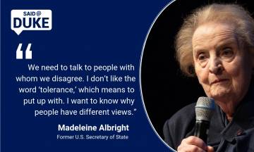 Former U.S. Secretary of State Madeleine Albright speaks at Page Auditorium.