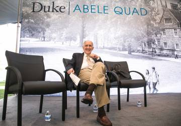 Julian Abele Jr. sits on the dais before Friday's ceremony dedicating a West Campus quad after his father. Photo by Chris Hildreth/Duke Photography