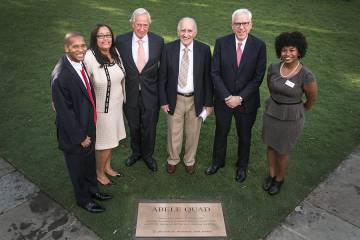 The speakers at the ceremony surround the new plaque honoring Julian Abele. Photo by Duke Photography