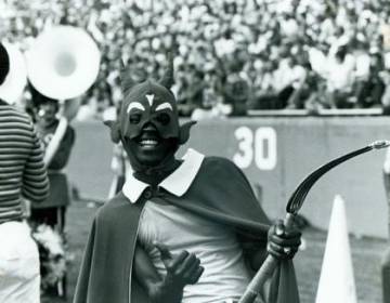 Michael Holyfield, Duke's first black Blue Devil mascot, wore a Batman-like mask.
