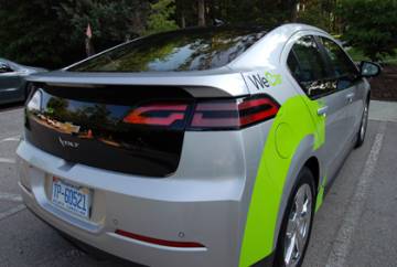 This Chevy Volt is one of four of the electric vehicles on campus as part of WeCar, a car-sharing program at Duke. It's one of many ways students and employees can cut down their carbon footprint. Photo by Bryan Roth.