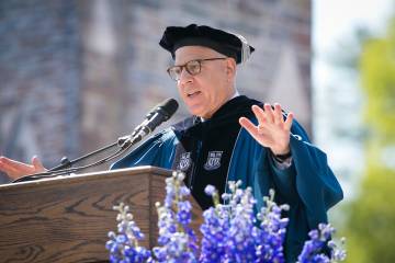 Trustee Chair David Rubenstein said Duke graduates should show leadership by giving back to Duke and the country. Photo by Duke Photography