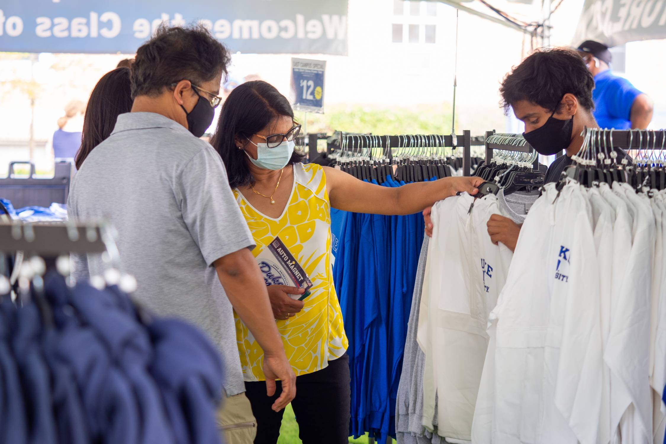 Duke Stores set up a tent on East campus for safer, outdoor shopping for incoming freshman and their families on 1st day of move-in for the class of 2024