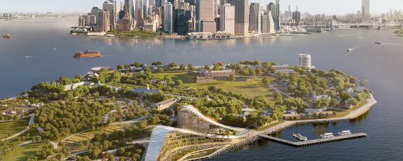 Architectural rendering from the air south east of Governors Island, showing the proposed Climate Exchange in the foreground and the lower Manhattan skyline in the distance.