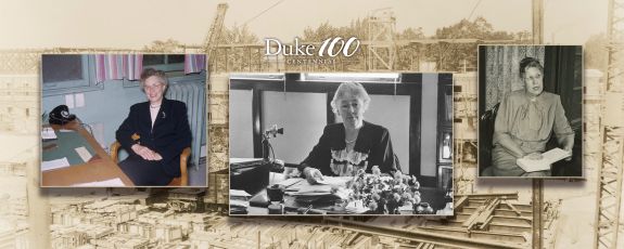 Three women pose in three separate photos from various eras at Duke University, with a black and white photo of building construction in the background