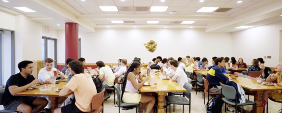 Duke students dine together during a University course on climate change