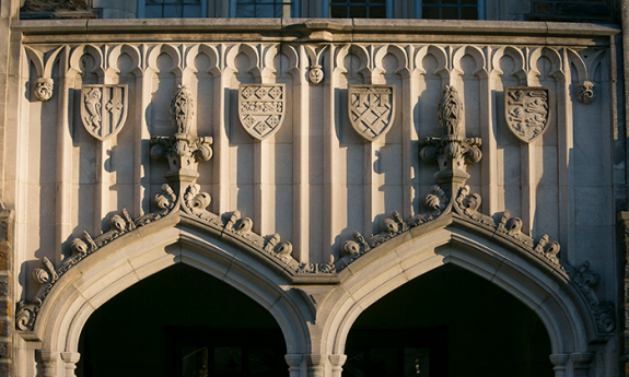 The stone arched entrances to Allen Buidling on Duke's West Campus