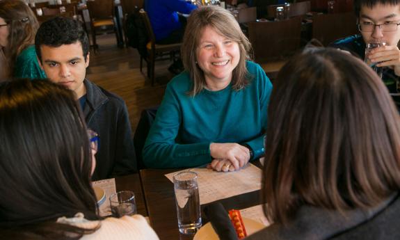 Duke University Provost Sally Kornbluth meets with undergraduate students who are participating in Spring Breakthrough, which is a five-day seminar-style program taught by Duke faculty during the spring break holiday.