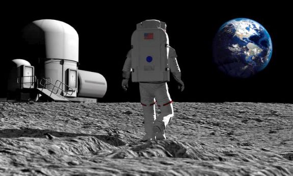 Astronaut walking on the moon and admiring the beautiful Earth. Elements of this image furnished by NASA. 3D rendering