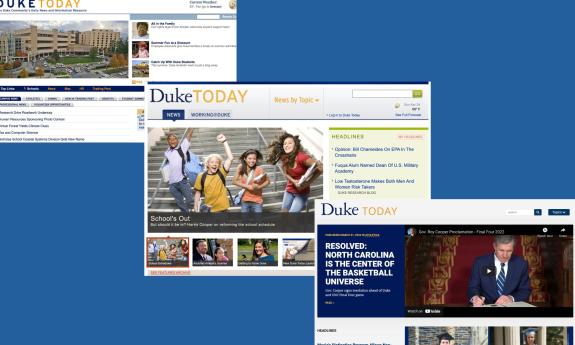 Evolution of a homepage: Duke in 2007, 2011 and 2022.