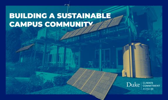 A stylized photo of the Duke Smart Home with solar panels, a cistern and a windmill highlighted with text that says, "Building a sustainable campus community," alongside the Duke Climate Commitment logo