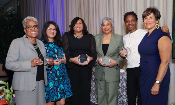 Cook Society Winners, from left: Eunice Sanders, sister of Durham Mayor Elaine O’Neal; Kamillah Jena Kassam; Lisa Davis; Brigit Maria Carter; Kansi Udochukwu; and Kim Hewitt, vice president for institutional equity. Photo by HuthPhoto