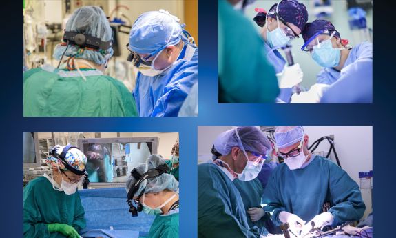 Clockwise from left to right, Duke surgeons Dr. Chandler Long, Dr. Betty C. Tong, Dr. Dan Blazer III and Dr. Laura H. Rosenberger concentrate in the operating room. Photos courtesy of Duke Health.