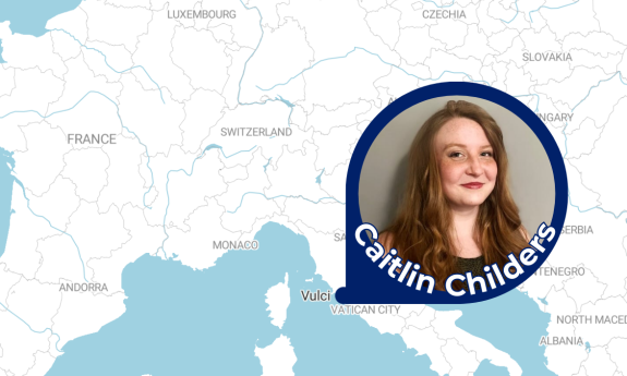 An image of Duke student Caitlin Childers and a map of Italy