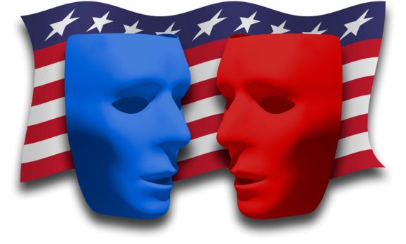 stock image of political divisions between red and blue political actors, in front of US flag
