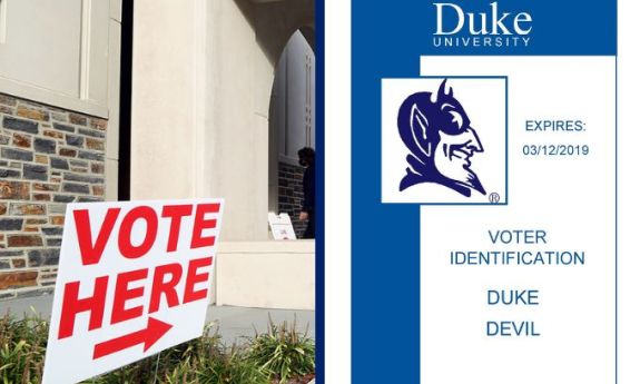 Left, Vote Here sign. Right, a facsimile of the Duke student voter ID card