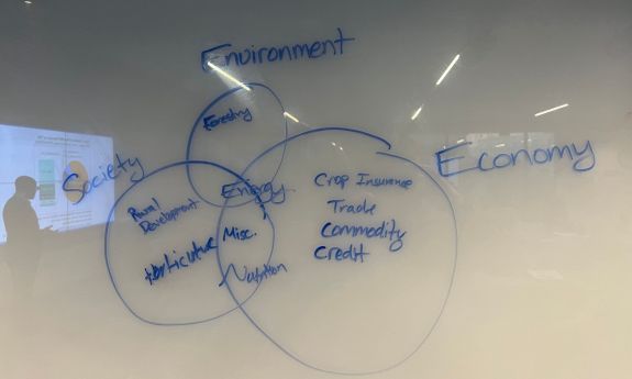 Handwriting on whiteboard showing Venn diagram. Environment, Economy and Society are outside the circles. Forestry, Crop Insurance, Trade, Commodity, Credit, Rural Development and Horticulture are in primary circles. Misc. and Nutrition lie between Society and Economy. Energy is in central circle, connected to all other ideas. To the left is a reflection of the someone standing in the room in front of a slide projection.