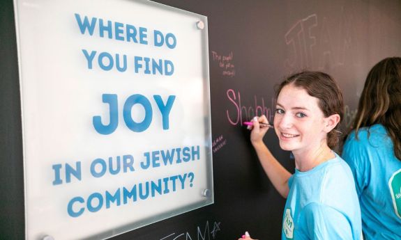 Student with sign that reads: Where do you find joy in our Jewish community?