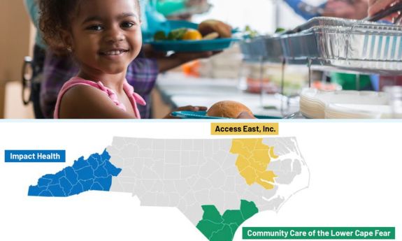 top: Child eats happy meal; bottom: map of the three pilot health projects