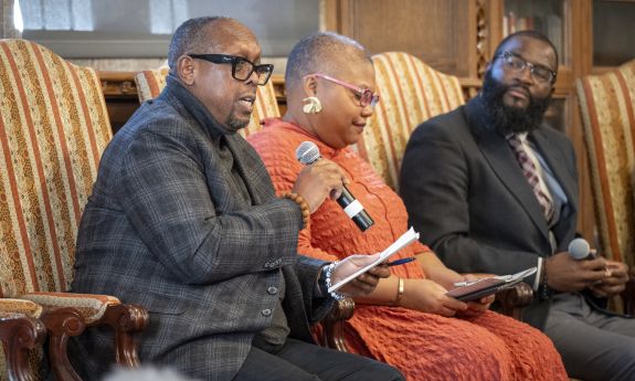 Mark Anthony Neal (Duke), Adriane Lentz-Smith (Duke) and Brandon Winford (University of Tennessee, Knoxville) panel the discussion “Durham, Duke, NCCU and Scholarship in the Jim Crow South” at a joint Duke-NCCU symposium honoring the legacy of John Hope Franklin.