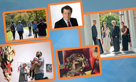 A collage of images including a garden tour, Nicholas Kristof, musicians, a painting and people in a museum.
