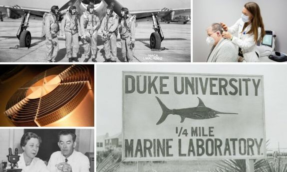 Photos from Duke inventions across the century: Special flight outfits, cochlear implants, the duke Marine Lab, the first vaccine for horses, 