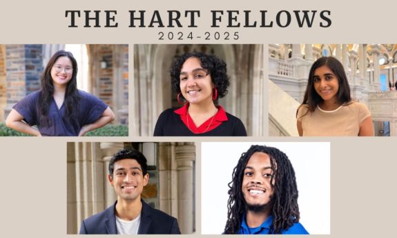 New Hart Leadership Fellows, clockwise from top left: Ashley Bae, Corali Francisco-Zelkine, Ruthie Kesri, Khilan Walker and Rishab Jagetia.