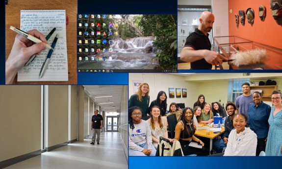 A photo of a pen, a desktop, a person dusting, a happy group and a sunny hallway.