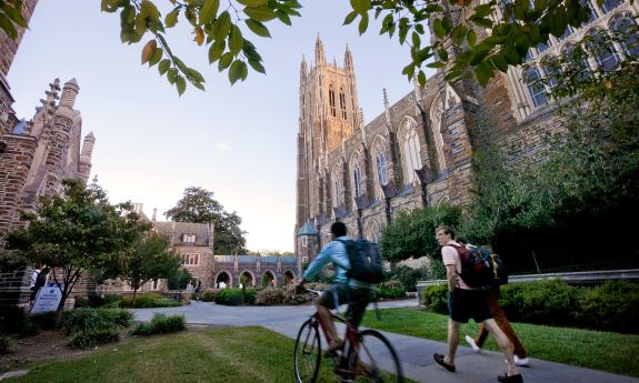 Students walk on Duke's campus