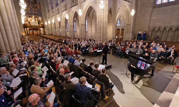 Guest artist Anton Armstrong, Professor of Music at St. Olaf College, leads a choral clinic on sacred music at Duke Chapel in January 2024