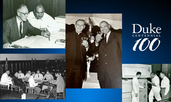 A collage of photos showing Bill Jones, Duke's first Black supervisor, along with the Duke Centennial logo