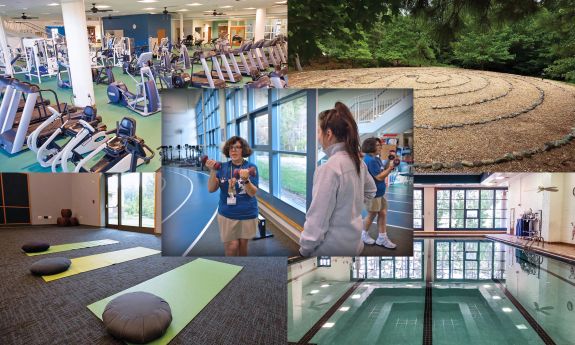 A collage featuring photos of a gym, a labyrinth, a pool, a yoga room and people working out.