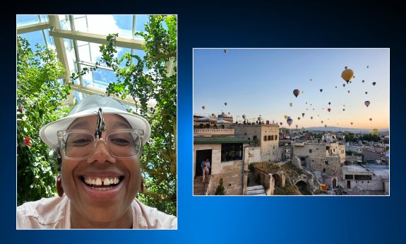 Two photos of a woman and hot air balloons.