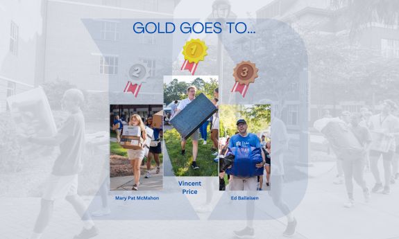 A collage of administrators carrying students stuff into dorm with President Price taking gold, Mary Pat McMahon silver and Ed Ballesian bronze.