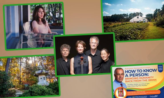 A collage of two authors, a farm, a garden and musicians.