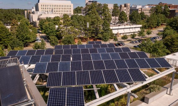 Solar panels outside of the Nicholas School of the Environment.