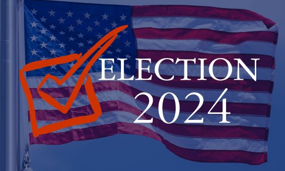 American flag as background under "Election 2024" and check mark.