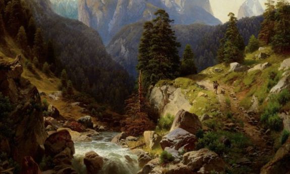 Adalbert Waagen, detail of IR Hunting in the Alps, 1865. Oil on canvas, 52 x 41 1/2 inches (132.1 x 105.4 cm), Frame: 63 1/4 x 52 1/2 x 3 1/2 inches (160.7 x 133.4 x 8.9 cm). Collection of the Nasher Museum of Art at Duke University. Museum purchase, 2002.16.2. Photo by Peter Paul Geoffrion.