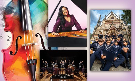 A collage shows photos of pianist Michelle Cann, Kodo One Earth and Thomanerchor Leipzig