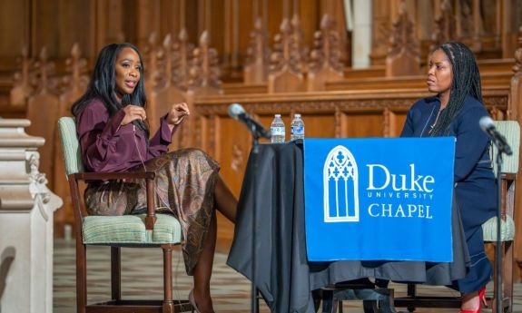 Abbey Phillip on the left and Candis Watts Smith on the right in chairs at Duke Chapel