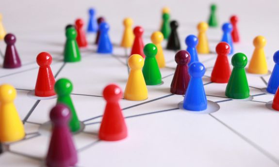 Game pieces connected with lines.
