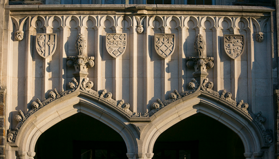 The stone arched entrances to Allen Buidling on Duke's West Campus