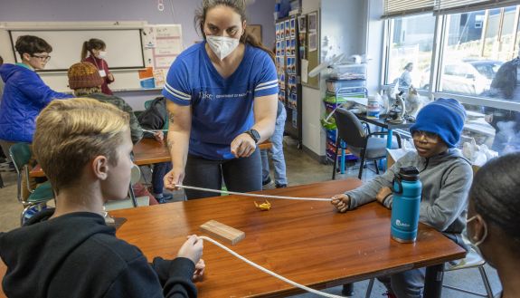 These Durham kids are learning to think like mathematicians, even if they don't realize it. With Duke Assistant Research Professor Maggie Regan. Credit: Jared Lazarus, Duke University Communications