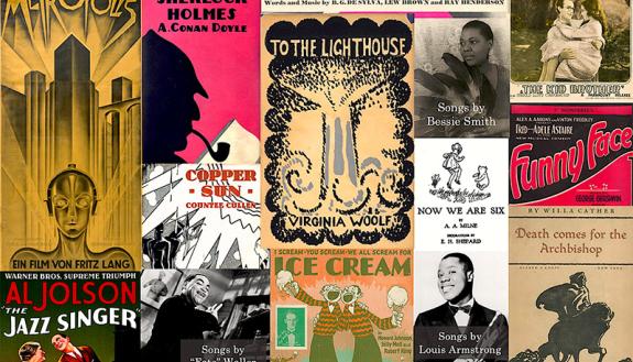montage of books, films and music that joined the public domain in 2023