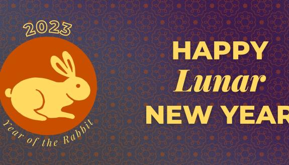 Happy Lunar New Year message with graphic of the year of the rabbit