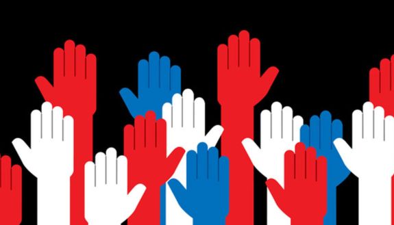 graphic of raised hands colored red white and blue